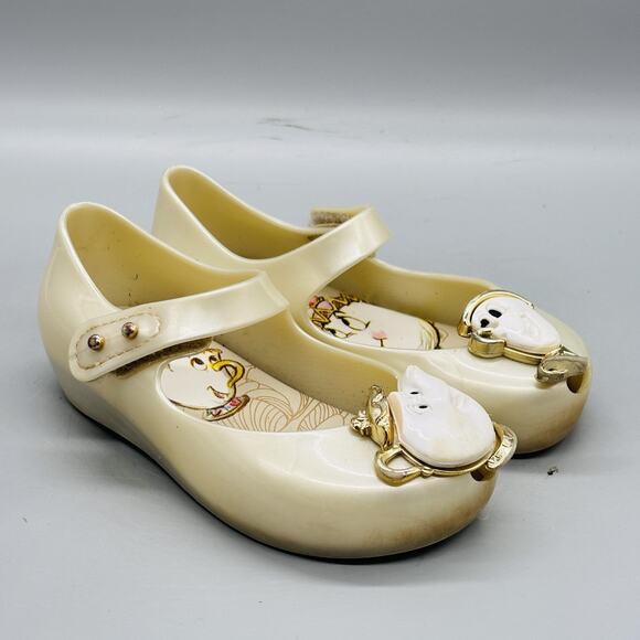 Mini Melissa Shoes Girls 8 White Mary Jane Beauty & Beast Mrs Potts Chip Flats - Picture 2 of 11